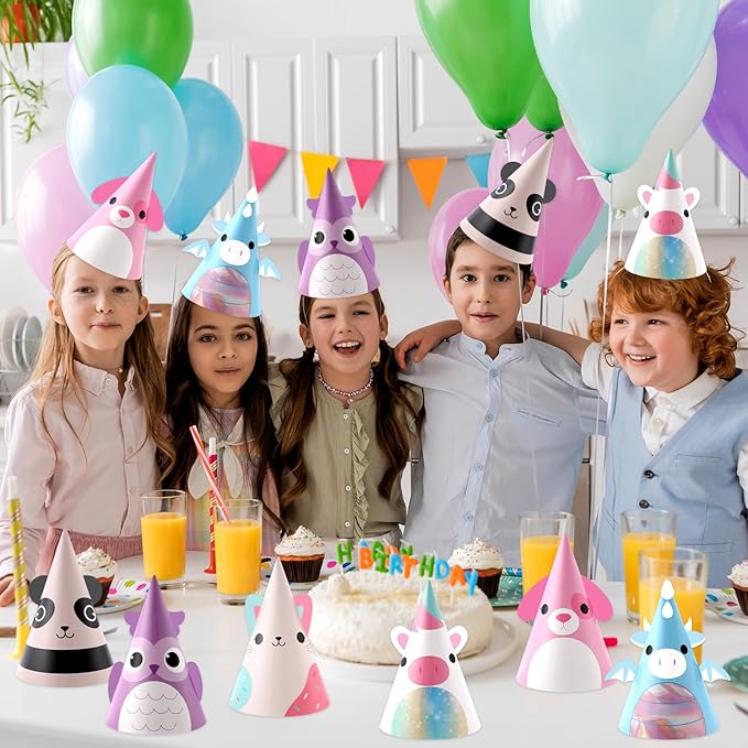 24 Pcs Cute Animal Party Hats Animal Theme Birthday Party Supplies Kawaii Cartoon Animals Cone Paper Crowns with Elastic String for Boy Girl Adults Birthday Baby Shower Cartoon Decorations Photo Props