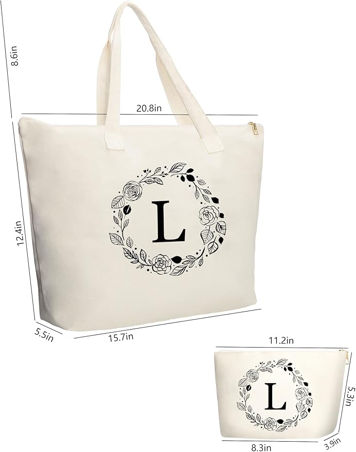 Personalized Initial Canvas Tote Bag with Zipper, Present Bag with Inner Pocket & Make Up Bag, Great Gifts for Women, Mom, Teachers, Friends, Bridesmaids
