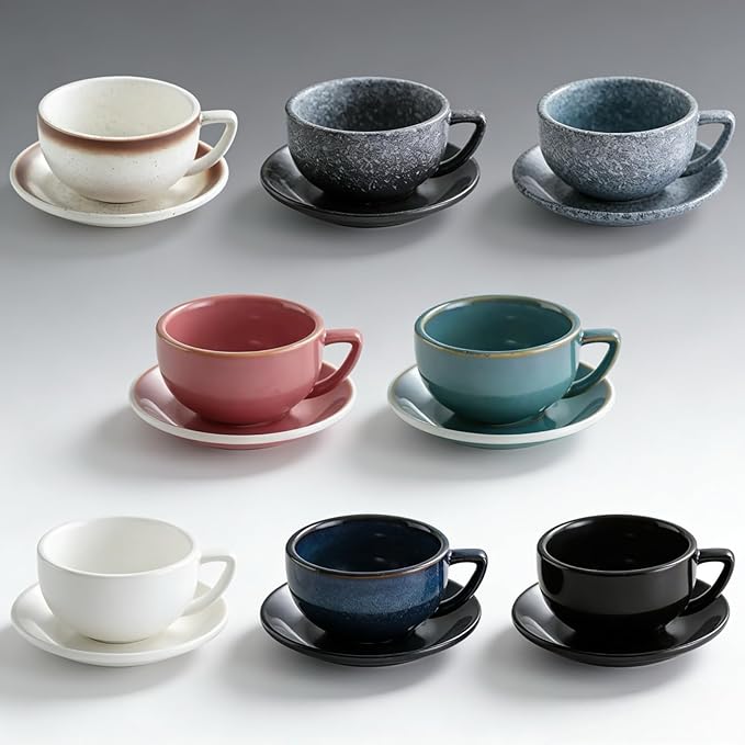 Ceramic Latte Mug, 10.82oz Barista Cup with Saucer, 7mm Thickened Rim Ceramic Cappuccino Cup, Vintage Latte Art Mug for Home & Café (Kiln Transmutation Cyan)