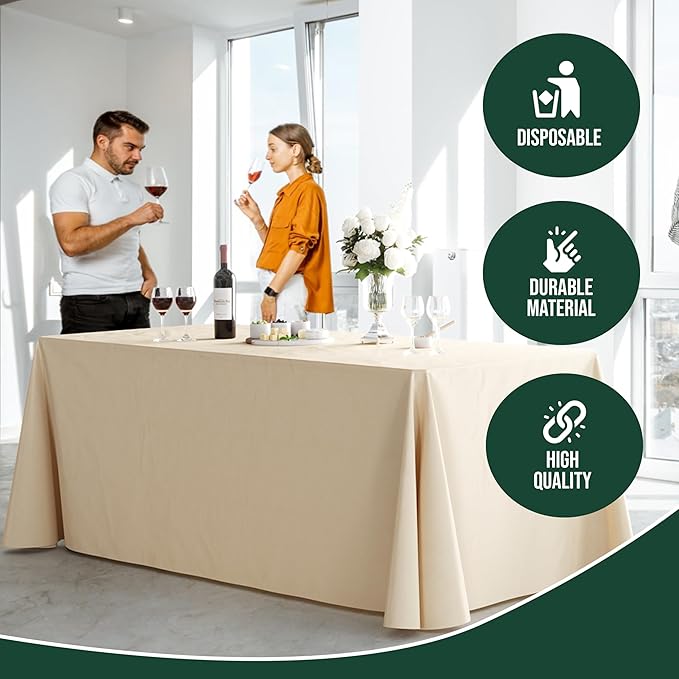 Exquisite 12-Pack Ivory Plastic Disposable Tablecloth - Size: 70 × 120 Inches – Rectangle Table Cover for Parties, Picnics & Formal Events