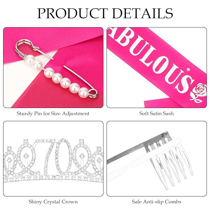Casoty 70th Birthday Sash and Tiara, 70th Birthday Decorations for Women, 70 & FABULOUS Sash and Crown Set, Party Supplies for Women, Gifts for Her