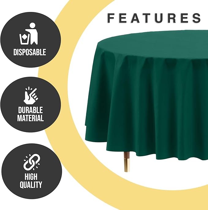 Exquisite 66% Thicker Premium Dark Green Round Tablecloth 0.5 Mil 12 Pack Plastic Table Cloth Disposable 84 Inch Round Plastic Tablecloth Won't Tear Easily Like Cheap Thin Brands