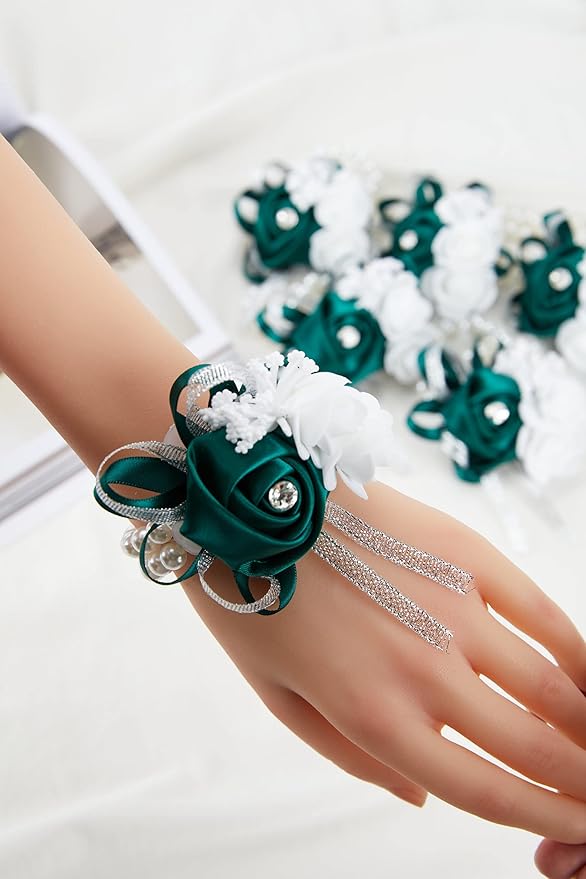 Meldel Wrist Corsages for Wedding, 2PCS Green Rose Wrist Corsage Bridal Bridesmaid, Artificial Corsage for Wedding Mother of Bride and Groom