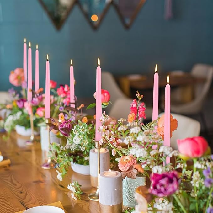 50-Pack Pink 10-Inch Taper Candles, Dripless Elegance for 8-Hour Burn - Perfect for Weddings, Baby Showers & Romantic Dining, Unscented Classic Dinner Candles
