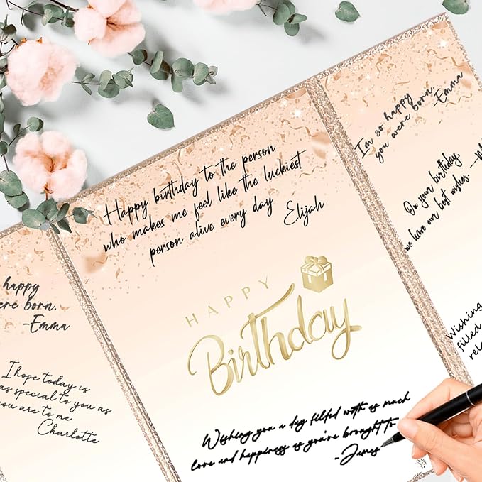 Crenics Champagne Gold Birthday Decorations for Women, Creative Birthday Guest Sign in Book Alternative, Happy Birthday Signature Book 18" x 12", Awesome Birthday Gifts for Girls