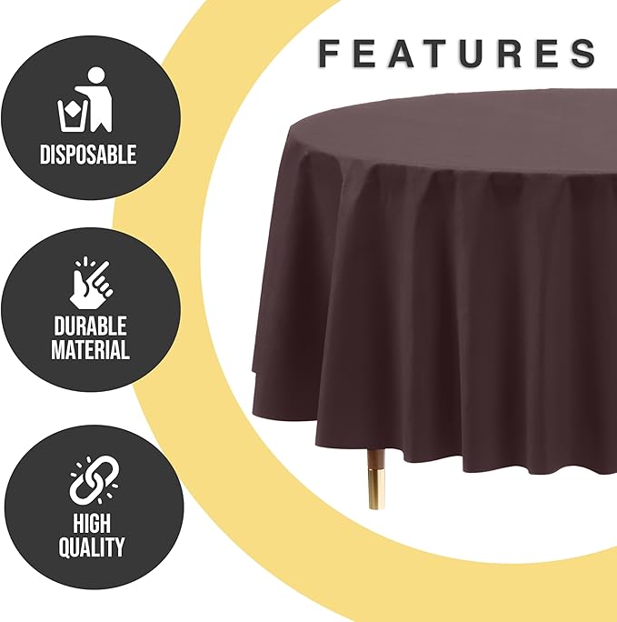 Exquisite 66% Thicker Premium Brown Round Tablecloth 0.5 Mil 6 Pack Plastic Table Cloth Disposable 84 Inch Round Plastic Tablecloth Won't Tear Easily Like Cheap Thin Brands