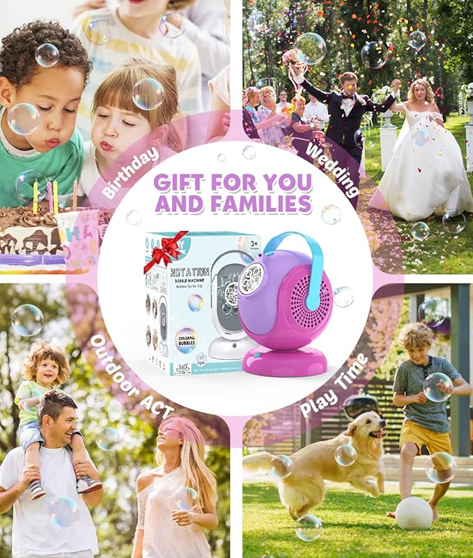 Bubble Machine, Automatic 360° Rotation & 75° Adjustment Bubbles Blower for Kids, Toddlers, Bubble Toys with LED Light - Gifts for Girls 1+ Year Old, Halloween, Outdoor, Birthday, Party