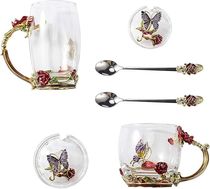 Glass Teacup, 12 oz, Rose Red, Drinking Cup with Lid, Spoon, Coaster, and Cleaning Cloth, Reusable, Floral Design, Perfect for Hot and Cold Drinks, Gift for Women