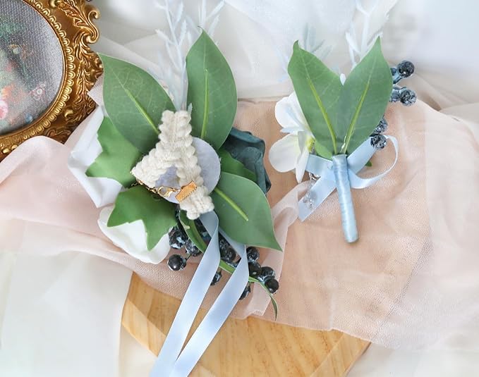 2Pcs Wedding Corsage and Boutonniere Set Blue Rose Corsage Wristlet and Boutonniere for Men Women Groom Bride Bridesmaid Groomsmen Wedding Party Accessory Prom Decoration (Blue)