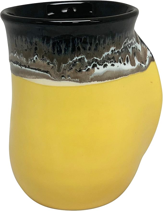 Clay in Motion Hand Warmer Coffee Mug – Handmade Coffee Mug With Comfortable Handle Contoured Pocket Hand Warming Ceramic Coffee Mug – Proudly Made in USA – Left Handed – 14 Oz - Yellow Black