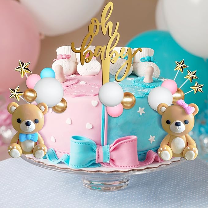 38 Pieces Bear Cake Topper Decorations Set- Oh Baby Cake Topper,Stars,Pearl Balls Cake Decoration for Gender Reveal party Baby Shower Supplies, He or She Gender Reveal Party(blue and pink)