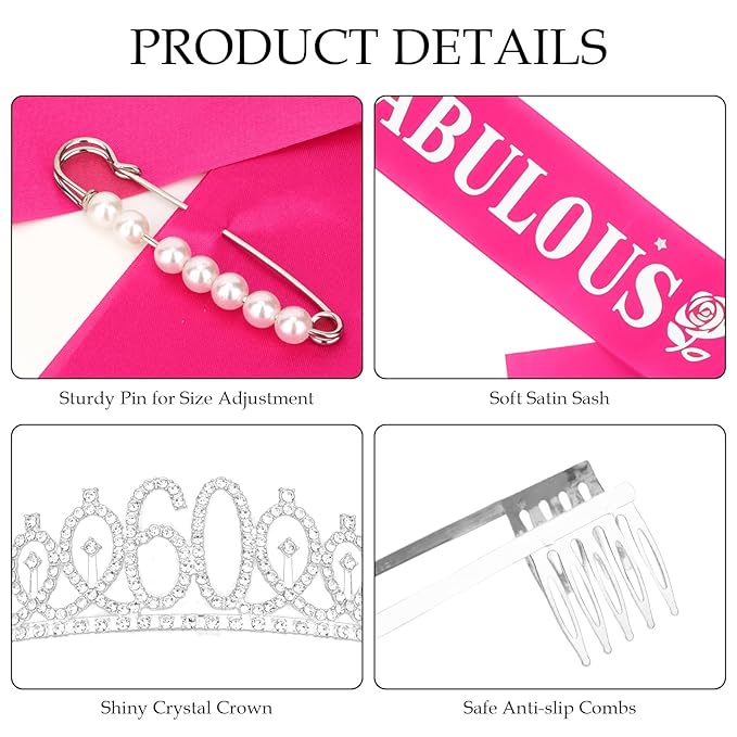 Casoty Silver 60th Birthday Sash and Tiara, 60th Birthday Decorations for Women, 60 & FABULOUS Sash and Crown Set, Party Supplies Favors for Women, Gifts for Her