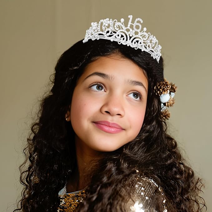 Semato Birthday Crown and Sweet 16 Sash Glitter Kit for Girls - Silver Metal Costume Circlet, Gold Shiny Cloth Sash with Pearl Pin - 16th Birthday Party Supplies and Favors