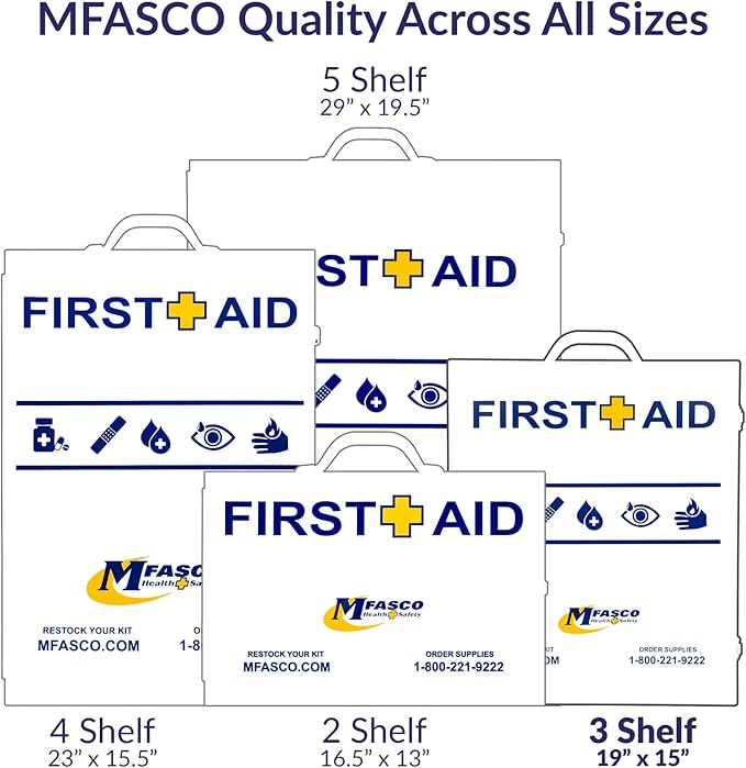 MFASCO 2021 ANSI/OSHA Compliant First Aid Kit - Large, Commercial 3-Shelf Metal Cabinet for Businesses, Wall Mountable - with Medications - ANSI Standard 2021 First Aid Kits, Class B Fill