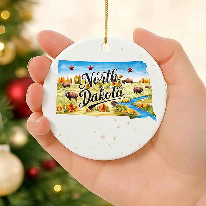USA State Landmark Ceramic Ornament β Round Glossy Christmas Decoration Featuring U.S. State Art, Landmarks & Holiday Scenery β Collectible Travel Souvenir Ornament Series (North Dakota)