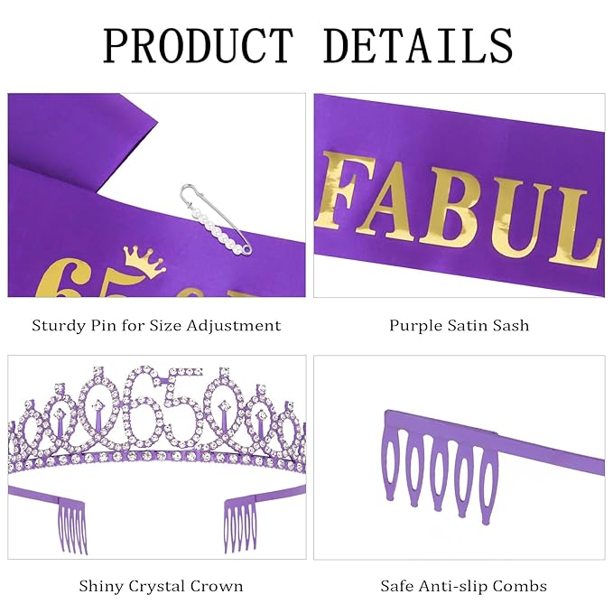 Casoty Purple 65th Birthday Sash and Tiara, 65 and Fabulous Sash and Tiara Set, 65th Birthday Decorations for Women, Happy Birthday Party Supplies for Women, Gfits for Her