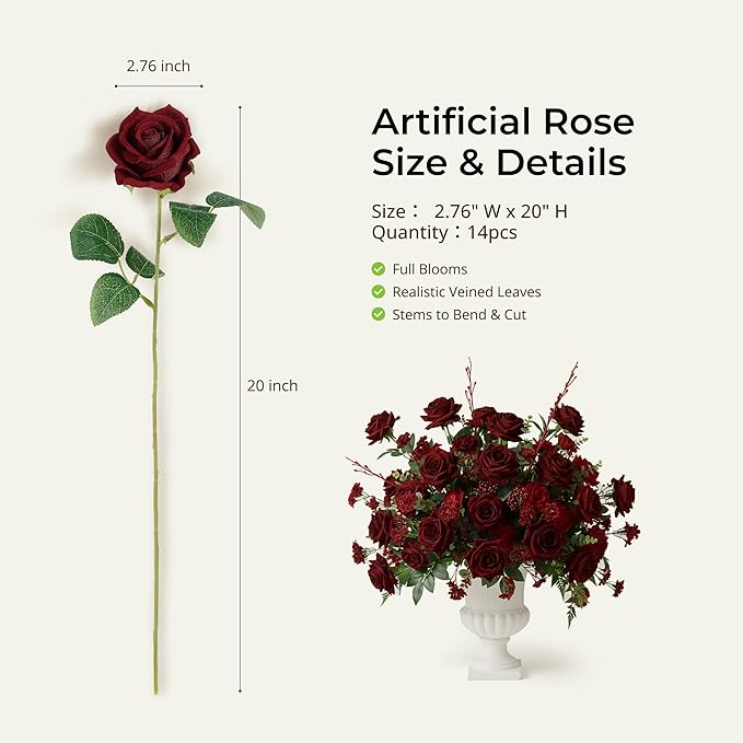 Auihiay 60PCS Burgundy Artificial Roses Bulk, Velvet Silk Fake Roses, Lifelike Burgundy Faux Rose for Valentine's Day, Wedding Centerpieces, Cake, Bridal Bouquets, Anniversary and Home Decorations