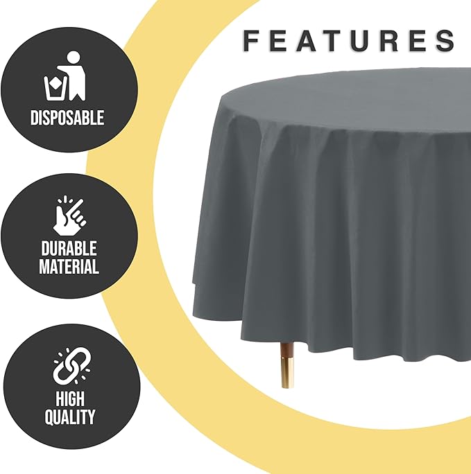 Exquisite 66% Thicker Premium Silver Round Tablecloth 0.5 Mil 24 Pack Plastic Table Cloth Disposable 84 Inch Round Plastic Tablecloth Won't Tear Easily Like Cheap Thin Brands