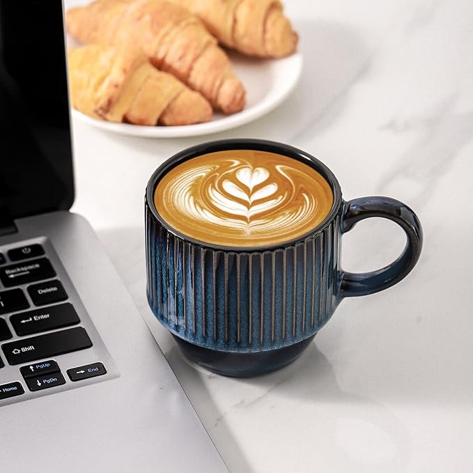 Hasense Navy Coffee Mugs Porcelain Set of 4 with Rack - 12 oz Stackable Coffee Cups Ceramic, Modern Ribbed Latte Cup Sets for Cappuccino, Tea, Espresso, Hot Cocoa, Drinks - Dishwasher & Microwave Safe