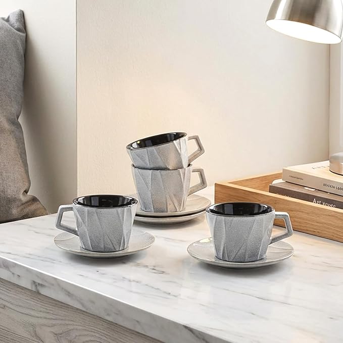 Ceramic Espresso Cups with Saucers 6 oz,Coffe Cups for Cappuccino,Latte,Tea with Saucers Set of 4 - Geometry - Gray