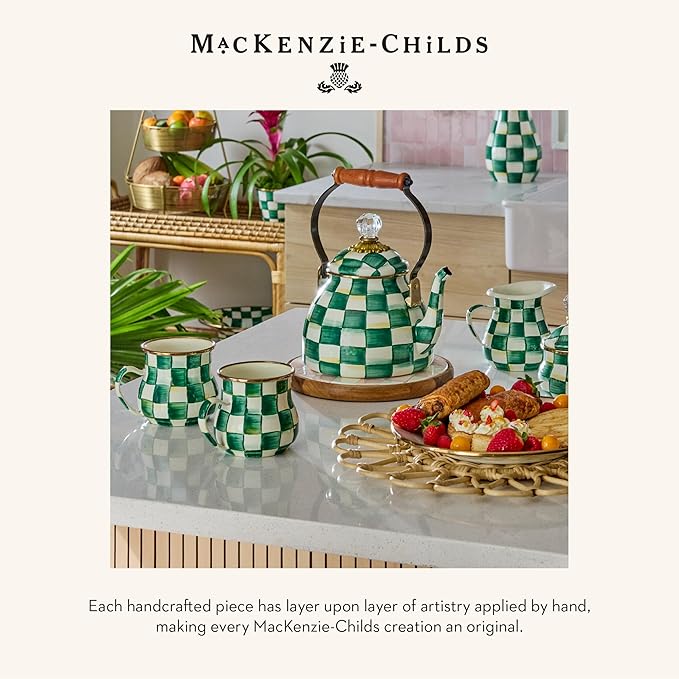 MACKENZIE-CHILDS Enamel Mug, Cute Enamelware Tea or Coffee Mug, 16 Ounces, Green-and-White Emerald Check (Pack of 2)