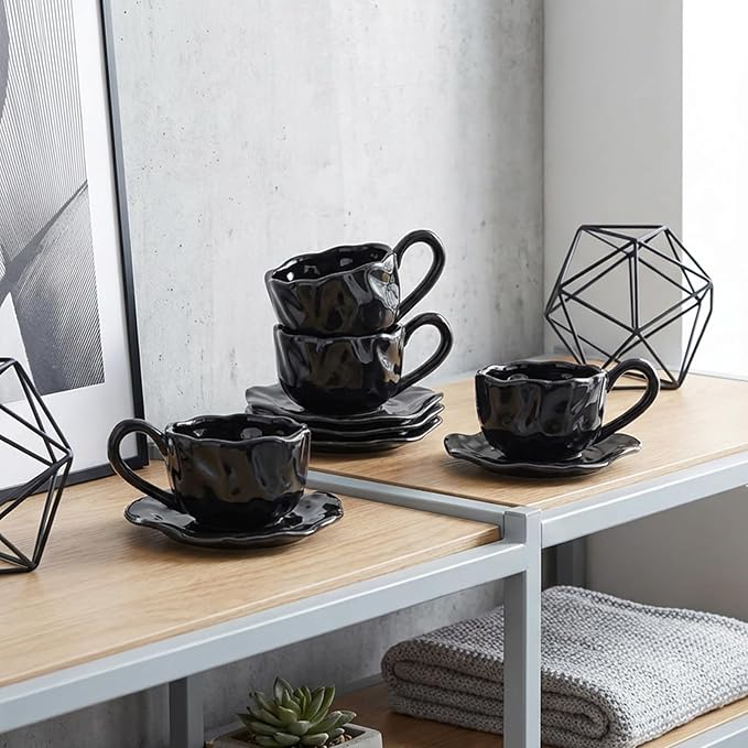 Ceramic Espresso Cups with Saucers 6 oz,Coffe Cups for Cappuccino,Latte,Tea with Saucers Set of 2 - Flods - Black
