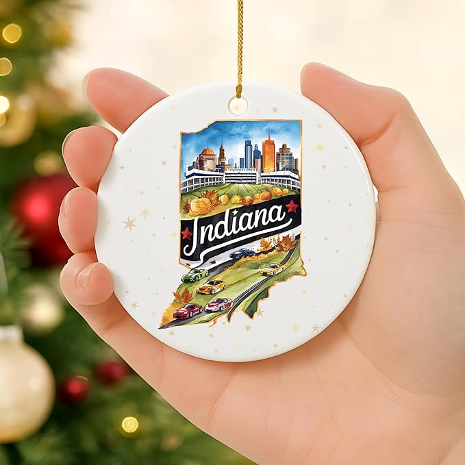 USA State Landmark Ceramic Ornament β Round Glossy Christmas Decoration Featuring U.S. State Art, Landmarks & Holiday Scenery β Collectible Travel Souvenir Ornament Series (Indiana)