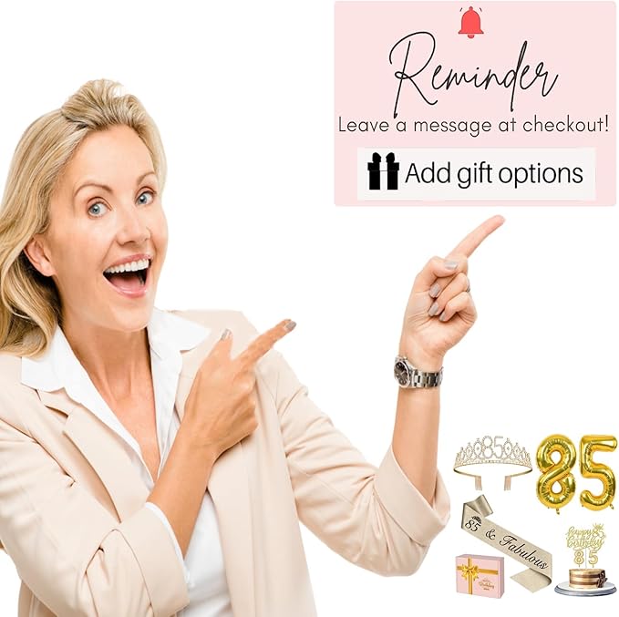 85th Birthday Decorations for Women Gold with 85th Birthday Sash and Tiara, Cake Topper and Candles, Number Balloons, 85 Year Old Gifts for Women