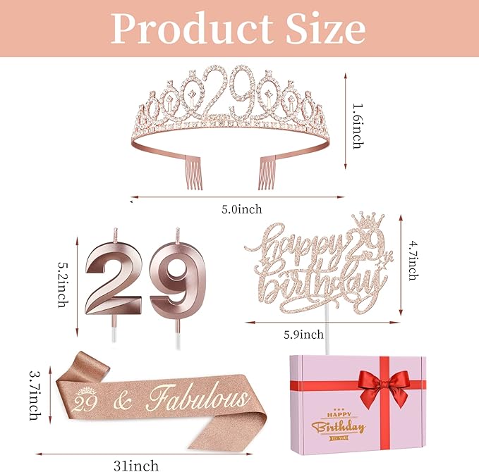 29th Birthday Decorations for Women Including Birthday Sash, Tiara, Numeral Candles and Cake Topper, 29 Year Old Gifts for Women, Rose Gold Party Decor Supplies