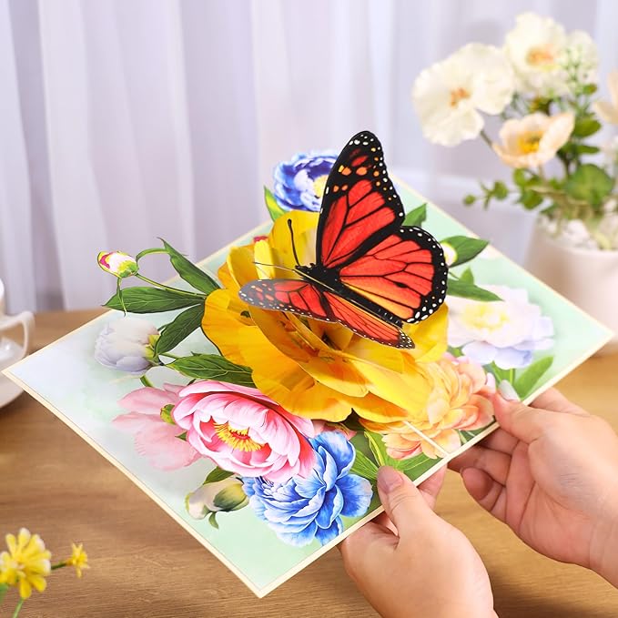 Pop Up Flower Card, Greeting Card, Butterfly and Pink Peony Flower 3D Pop Up Card 6"x 8", Mother's Day Pop Up, Anniversary, Birthday, Valentine's Day Card, Wife, Grandma