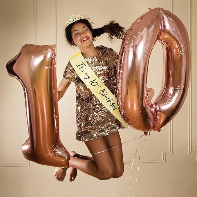 CIEHER Gold 10th Birthday Crown and Sash Set with Pearl Pins, Perfect for Girls' 10th Birthday Celebrations