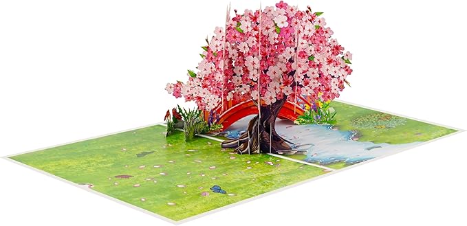 Cherry Blossom Pop Up Birthday Cards for Women, Anniversary Card, Mothers Day Cards, Valentines Day Card, 3D Gift for Her, Him, Husband, Wife, Mum, Dad (PQ Cherry Blossom w Bridge)