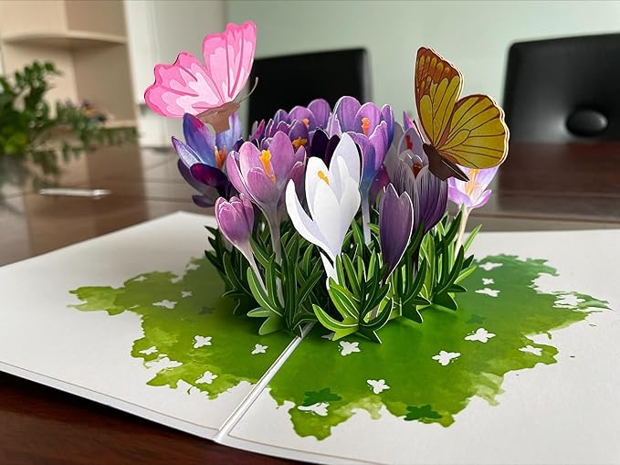 ETA 3D Pop Up Greeting Card – Purple Crocus Flowers in Bloom, Handmade Paper Art for Birthday, Mother’s Day, Spring, Thank You & Garden Lover Gift with Envelope F37