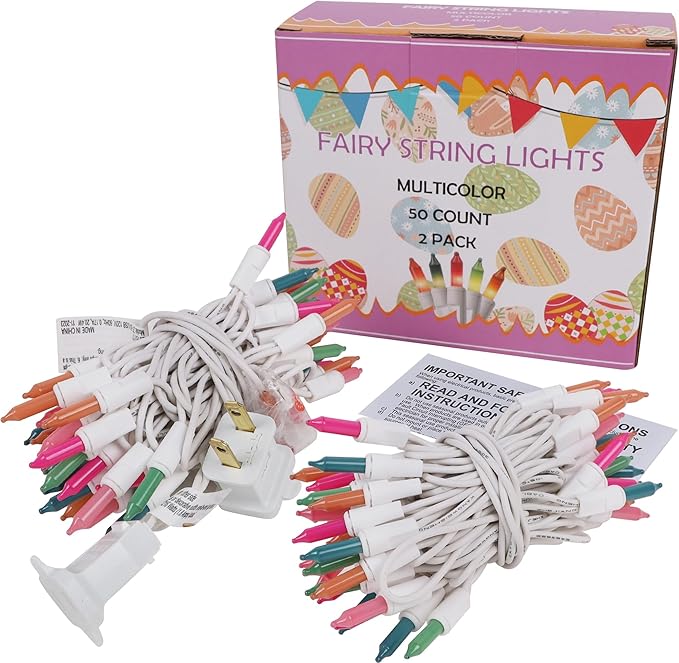 WATERGLIDE 2 Pack Easter String Lights, Christmas Lights, 50 Count White Wire Mini Pastel Fairy Lights, 120V UL Certified for Patio Wreath Garland Garden Outdoor Indoor Decoration, Multicolor