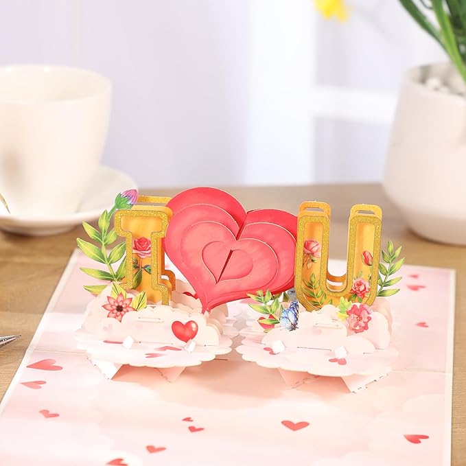 I Love You Card, Pop Up Mothers Day Cards, Handmade 3D Valentines, Thinking of You, Anniversary, Wedding, Engagement, Just Because, Birthday Card 6x 8" for Woman Wife Husband Girlfriend Boyfriend