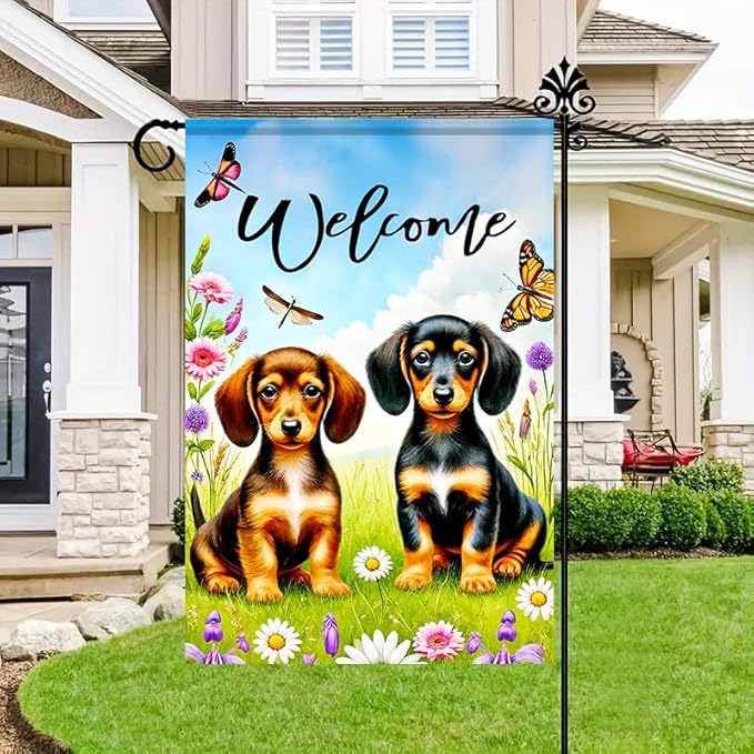 BlissYard Welcome Garden Flag Double Sided 12x18 Inch Dachshund Butterfly Seasonal Spring Small Flags For Outside Outdoor Decor Yard Farmhouse Holiday Spring Summer Decorations Yard Flags