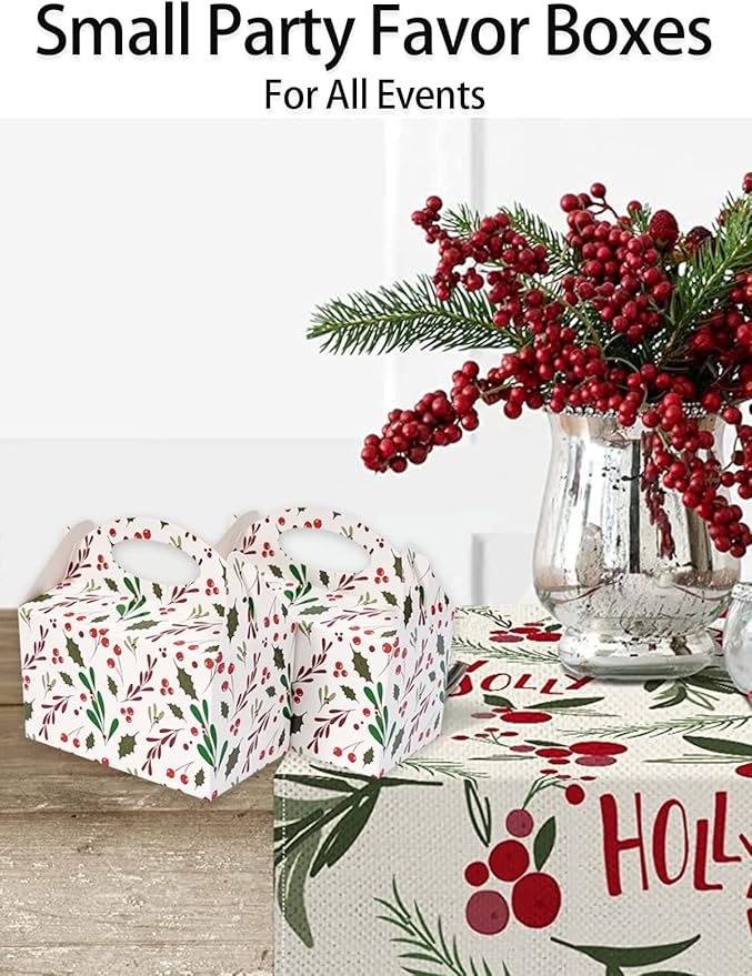Happyhiram Winter Floral Gable Candy Paper Boxes, 12 Pcs Christmas Red Holly Berry Party Treat Boxes with Handle Small Gift Holiday Boxes Kids Party Favor Cookie Bags