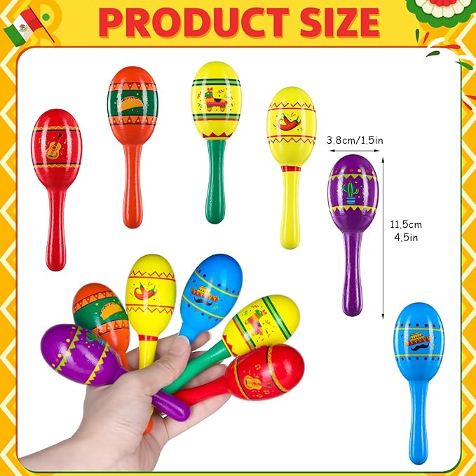 Hungdao 36 Pcs Mini Mexican Fiesta Wooden Maracas Bulk 6 Designs Wooden Maracas Noisemaker for Fiesta Party Favors Cinco De Mayo Party Supplies Decor Taco Tuesday Event Luau Game (Vibrant Style)
