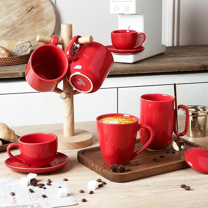vicrays 6.5 oz Cappuccino Cups with Saucers, Set of 4, Ceramic Coffee Cup for Au Lait, Double shot, Latte, Cafe Mocha, Tea (Red)