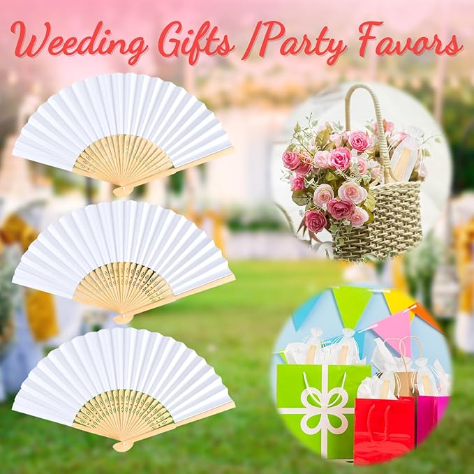 NEBURORA 24Pcs White Handheld Paper Fans 8.3 Inch Hand Held Bamboo Fans Foldable for Wedding Decoration Outdoor Party Favors DIY Decoration Dancing Photography Props