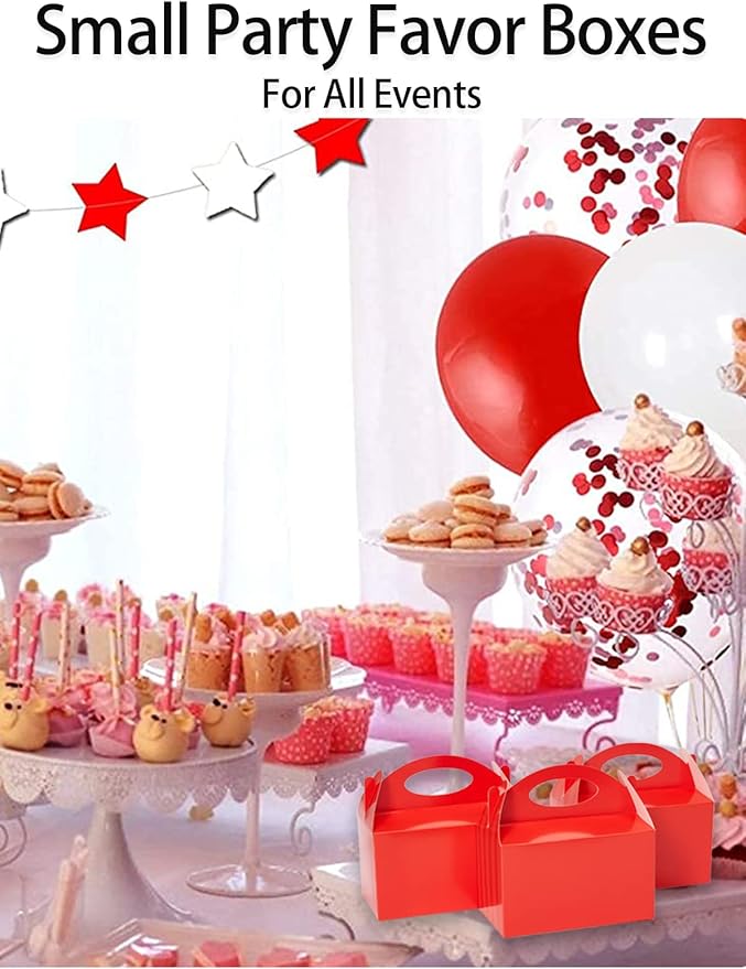 Happyhiram 12 Red 6" L x 3.5" W x 3.5" D Valentine Candy Boxes Party Favors with Handle Paper Cookie Gift Bags Gable Boxes Snack Goodie Bags for New Year Party Decorations
