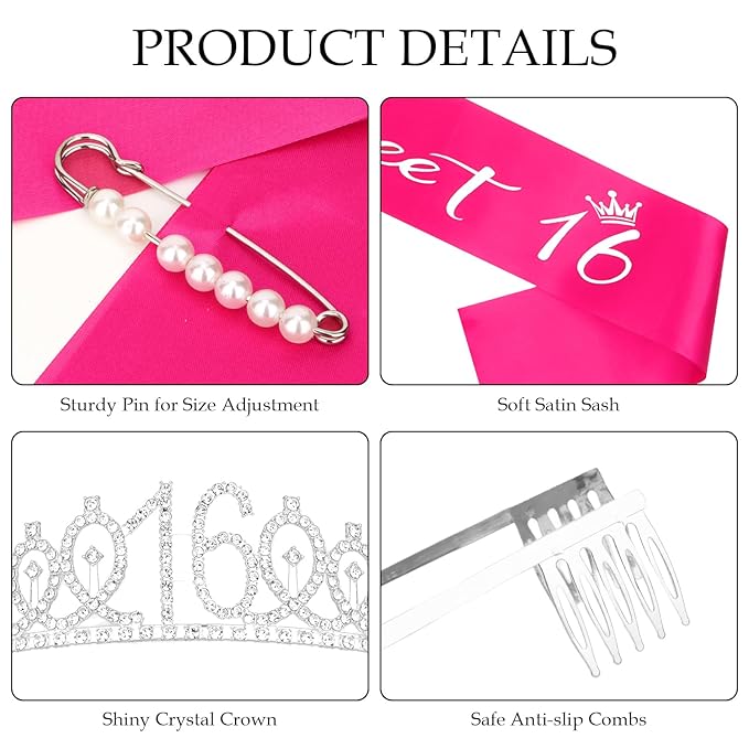 Casoty Sweet 16 Birthday Sash and Tiara, 16th Birthday Decorations for Girls, 16th Birthday Crown and Sash Set, Sweet 16 Party Supplies for Girls, Gifts for Her
