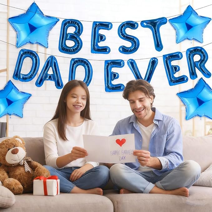 Blue Dad Ever Balloons Banner Father's Day Balloon Dad Letter Balloons Star Foil Balloon for Father Birthday Party Supplies Fathers Day Themed Party Decorations Set-14 Pcs