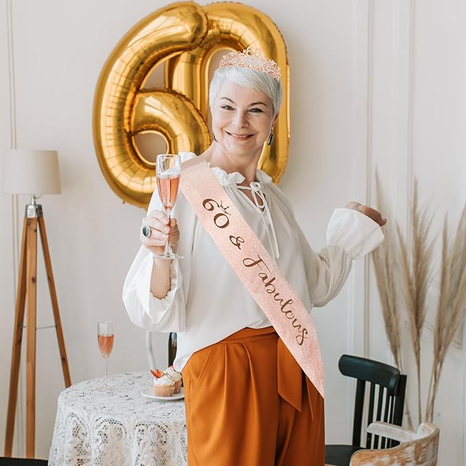 Semato Rose Gold 60th Birthday Tiara and Sash Glitter Kit for Women - Glamorous Celebratory Birthday Crown and Sash - Rhinestone, Alloy, Party Supply Packs