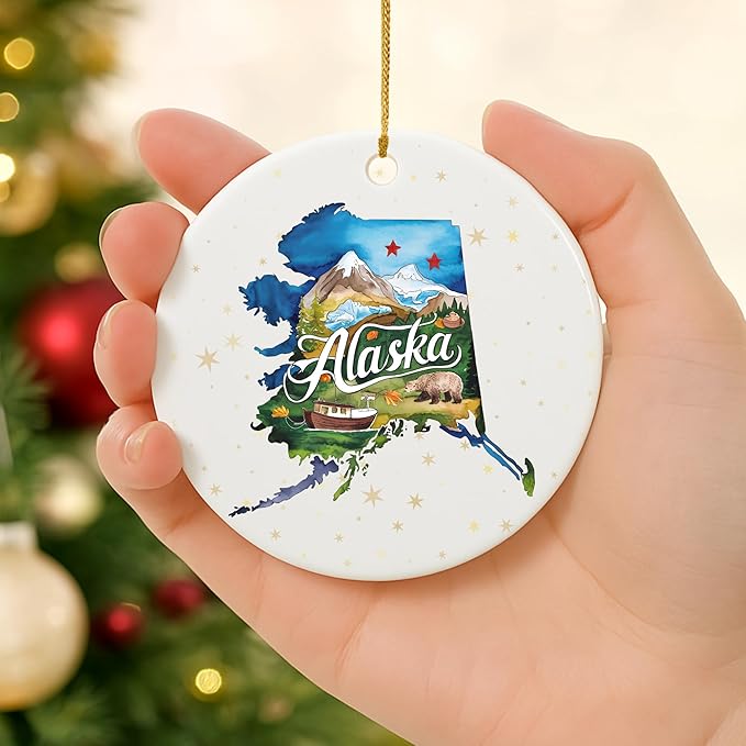 USA State Landmark Ceramic Ornament β Round Glossy Christmas Decoration Featuring U.S. State Art, Landmarks & Holiday Scenery β Collectible Travel Souvenir Ornament Series (Alaska)
