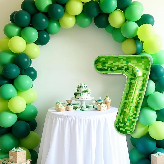 40" Green Pixel Miner Balloon, Large MIning Foil Metallic Number 7 Balloons Video Game Themed Party Decorations for Kids' Birthday Anniversary Party