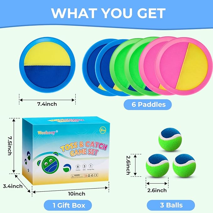 Beach Games - Kids Toys - Outdoor Games for Kids, Toss and Catch Ball Set with 6 Paddles 3 Balls, Toys for 3 4 5 6 7 8+ Year Old Boys Girls Christmas Birthday Gifts