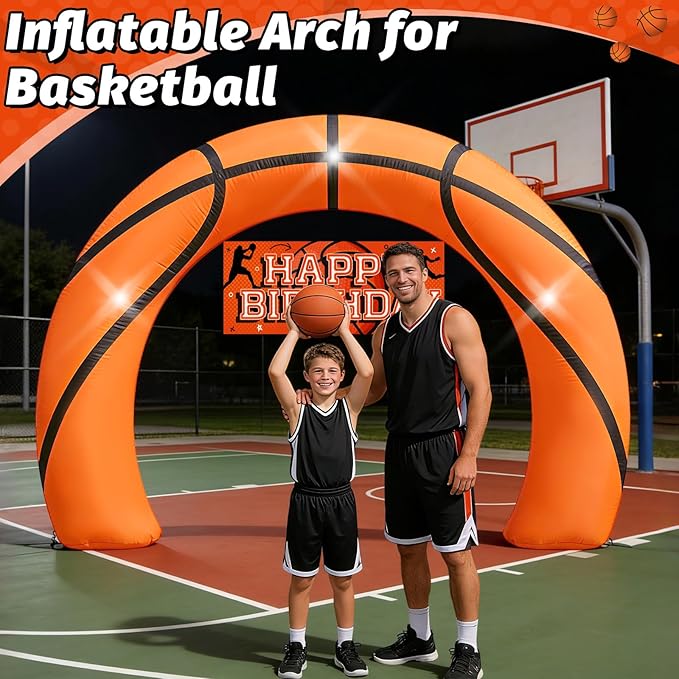 8FT Giant Basketball Inflatable Arch, Basketball Party Decorations with Game Day Banner 1Blower & Built-in 3LED Lights for Team Coach Stadium Photos Backdrop Senior Night & Birthday Blow-Up Decor