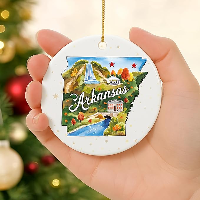 USA State Landmark Ceramic Ornament β Round Glossy Christmas Decoration Featuring U.S. State Art, Landmarks & Holiday Scenery β Collectible Travel Souvenir Ornament Series (Arkansas)