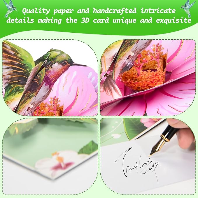 Joyvine 3D pop-up butterfly greeting cards, celebration cards, gratitude cards, rehabilitation greeting cards, suitable for Mother's Day, Father's Day, Thanksgiving, birthdays, anniversaries, with notes and envelopes (Pink Flowers - Hummingbird)